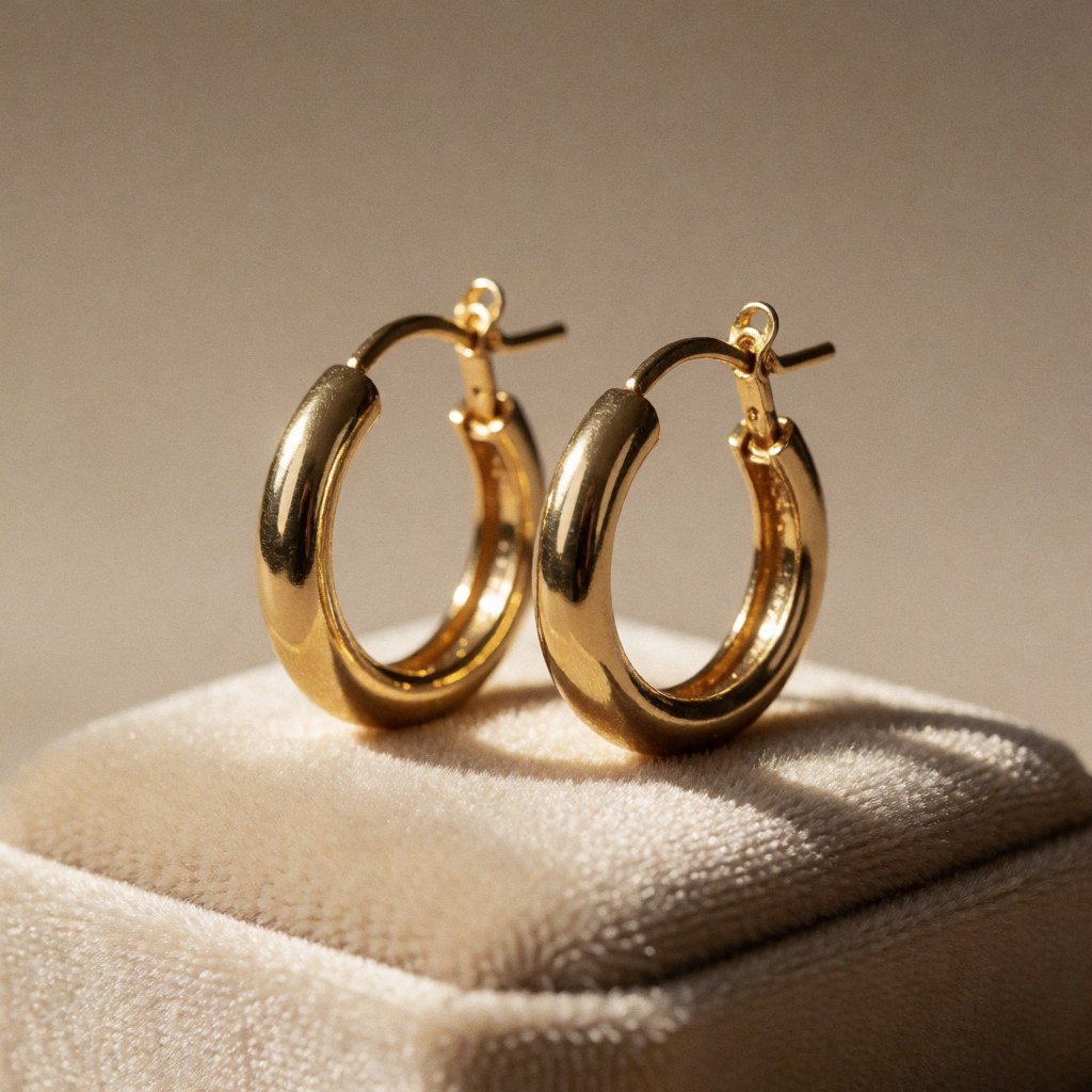 Une paire de boucles d'oreilles en or brillant repose sur un coussin en velours beige, éclairée par une lumière chaude.