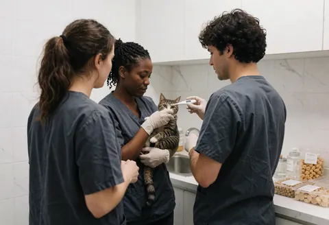 Trois professionnels de la santé animale prennent la température rectale d'un chat à l'aide d'un thermomètre numérique dans un cabinet vétérinaire.