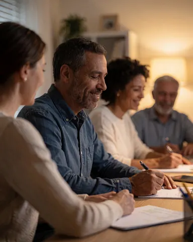 Quatre personnes assises autour d'une table lors d'une réunion de travail, prenant des notes et affichant un sourire.