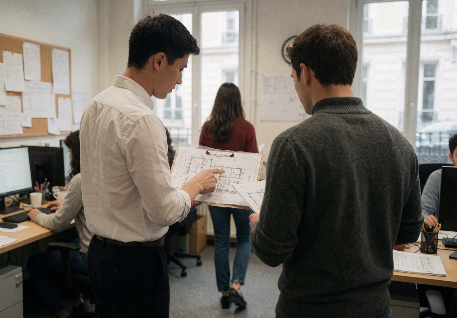 Deux professionnels consultent des documents techniques tandis qu'une tierce personne traverse l'arrière-plan.