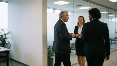 Deux hommes et une femme en costume discutent dans un bureau lumineux avec des murs vitrés et de la végétation.