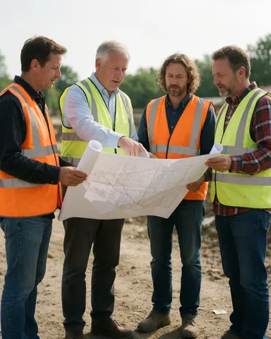 Quatre hommes portant des gilets de sécurité vérifient ensemble un plan technique sur un chantier extérieur.