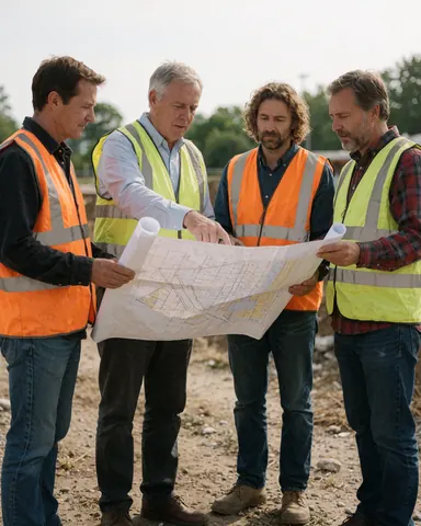 Quatre hommes portant des gilets de sécurité vérifient ensemble un plan technique sur un chantier extérieur.