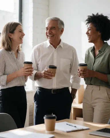 Trois personnes souriantes tenant des tasses de café dans un bureau moderne, discutant et riant ensemble.