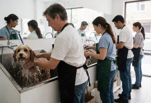 Un groomer lave un chien dans une baignoire tandis que d'autres travailleurs s'occupent de chiens dans le salon de toilettage canin.