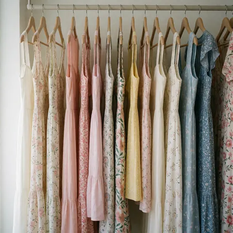 Une rangée de robes d'été aux motifs floraux et couleurs pastel accrochées sur des cintres en bois dans une boutique.