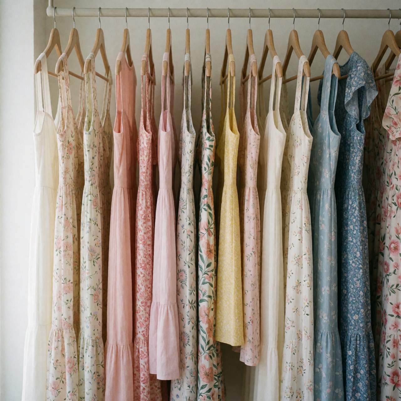 Une rangée de robes d'été aux motifs floraux et couleurs pastel accrochées sur des cintres en bois dans une boutique.