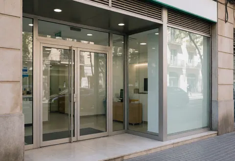 Façade extérieure d'un établissement médical contemporain avec grandes baies vitrées transparentes révélant l'accueil intérieur et le mobilier de réception.