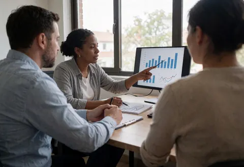 Une conseillère financière pointe des graphiques sur un écran d'ordinateur pendant que deux clients écoutent attentivement dans un bureau.