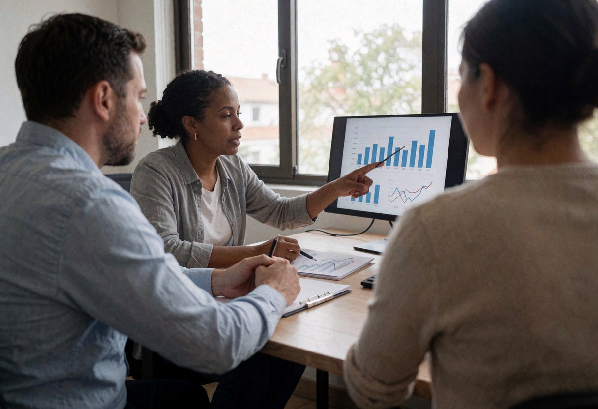 Une conseillère financière pointe des graphiques sur un écran d'ordinateur pendant que deux clients écoutent attentivement dans un bureau.