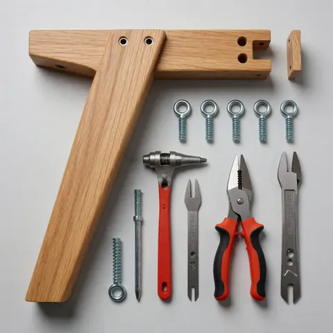 Kit de montage de meuble en bois avec outils et vis sur fond blanc.