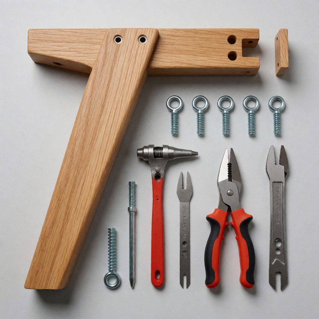 Kit de montage de meuble en bois avec outils et vis sur fond blanc.