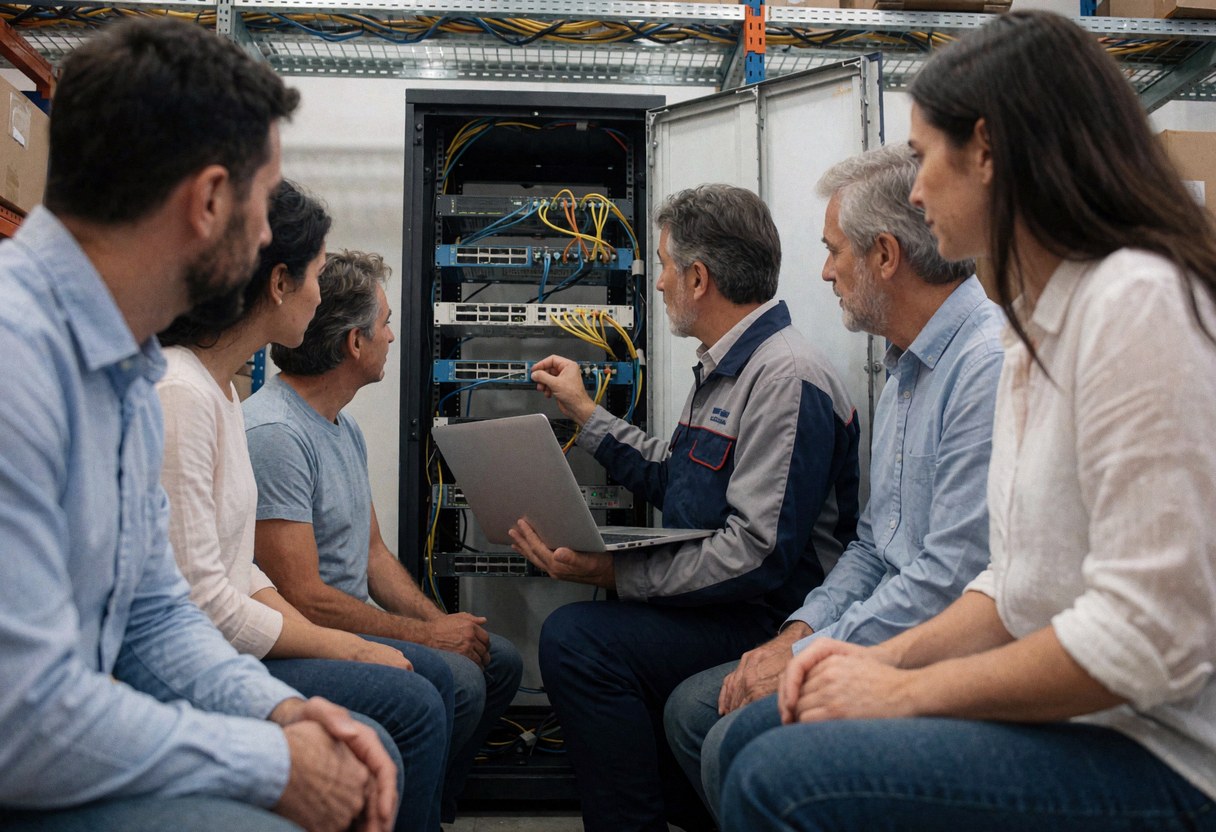 Un technicien du support informatique explique la configuration du réseau à des clients assis près d'un rack de serveurs.