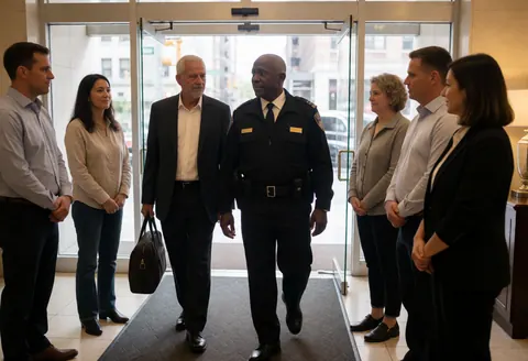 Un agent de sécurité masculin en uniforme marche vers l'entrée principale d'un hôtel pendant que plusieurs clients et voyageurs l'observent attentivement.