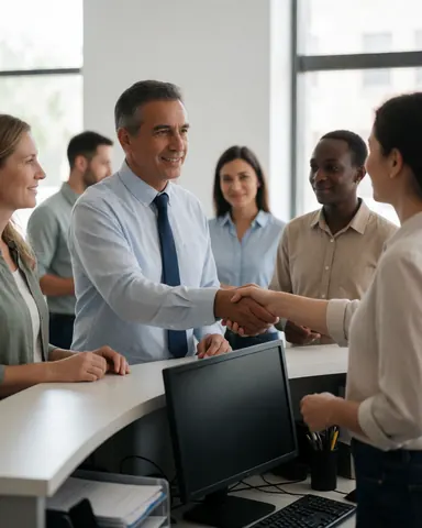 Un client et un employé échangent une poignée de main dans une réception moderne avec des ordinateurs et d'autres personnes en arrière-plan.