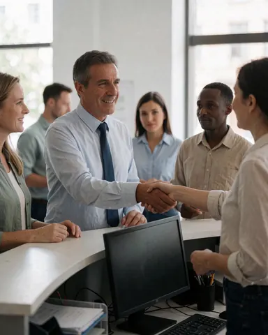 Un client et un employé échangent une poignée de main dans une réception moderne avec des ordinateurs et d'autres personnes en arrière-plan.