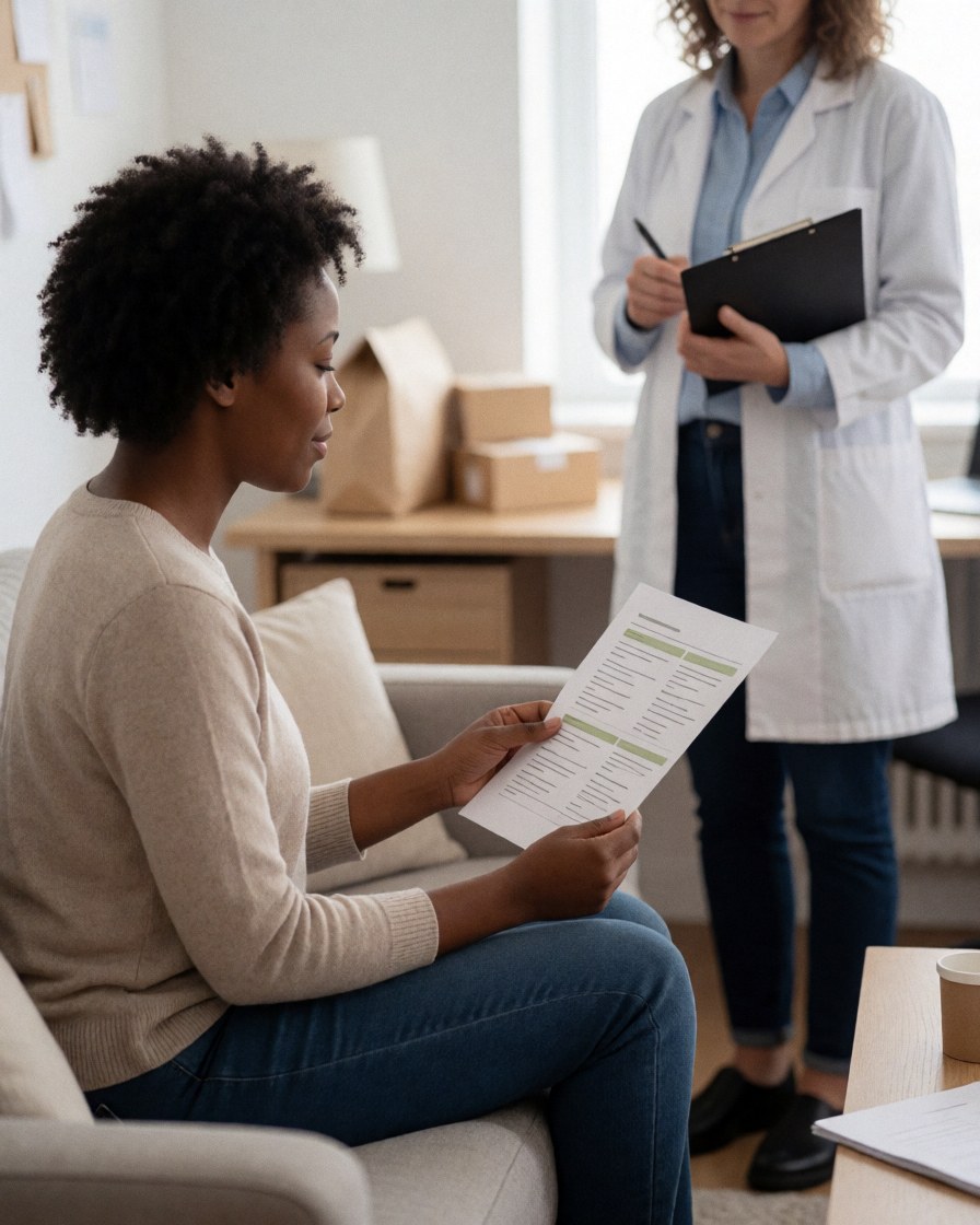 Une cliente consulte un guide nutritionnel pendant qu'une professionnelle de santé en blouse lui explique des informations dans un bureau.