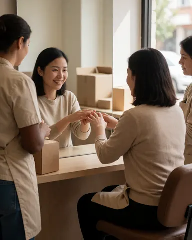 Une cliente sourit en regardant ses ongles dans un miroir pendant qu'une esthéticienne applique un produit sur ses mains.