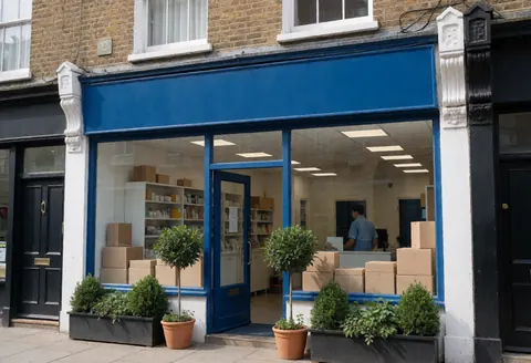 Façade d'un commerce avec une grande vitrine, une porte bleue et des plantes en pot disposées devant l'entrée principale.