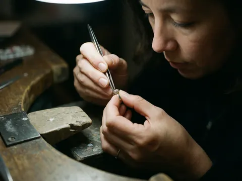 Une artisane ajuste un anneau avec des pinces dans un atelier de joaillerie, entourée d'outils sur une surface de travail en bois.