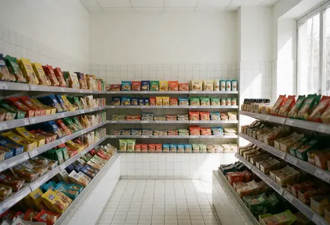 Couloir d'un petit magasin rempli d'étagères chargées de produits emballés sur fond de murs carrelés blancs.