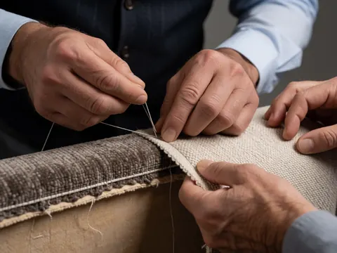 Gros plan sur des mains d'adulte utilisant une aiguille et du fil pour coudre un tissu de canapé, illustrant le travail manuel en ameublement.