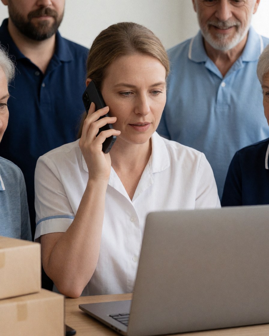 Une femme travaille sur un ordinateur tout en parlant au téléphone, entourée de collègues et de cartons dans un environnement de bureau.