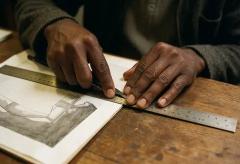 Des mains utilisant une règle et un coupe-papier sur un dessin technique d'architecture posé sur une table en bois.