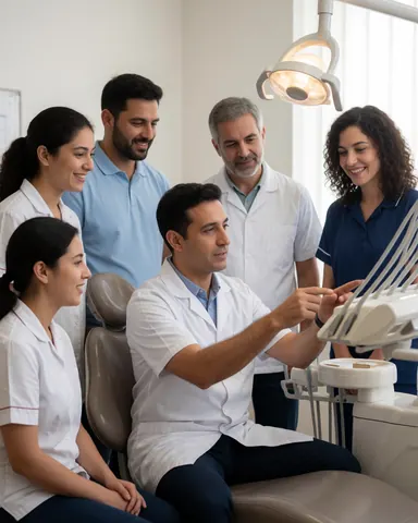 Un dentiste explique des équipements à son équipe en clinique, tous observant attentivement.