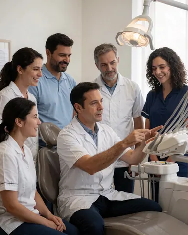 Un dentiste explique des équipements à son équipe en clinique, tous observant attentivement.
