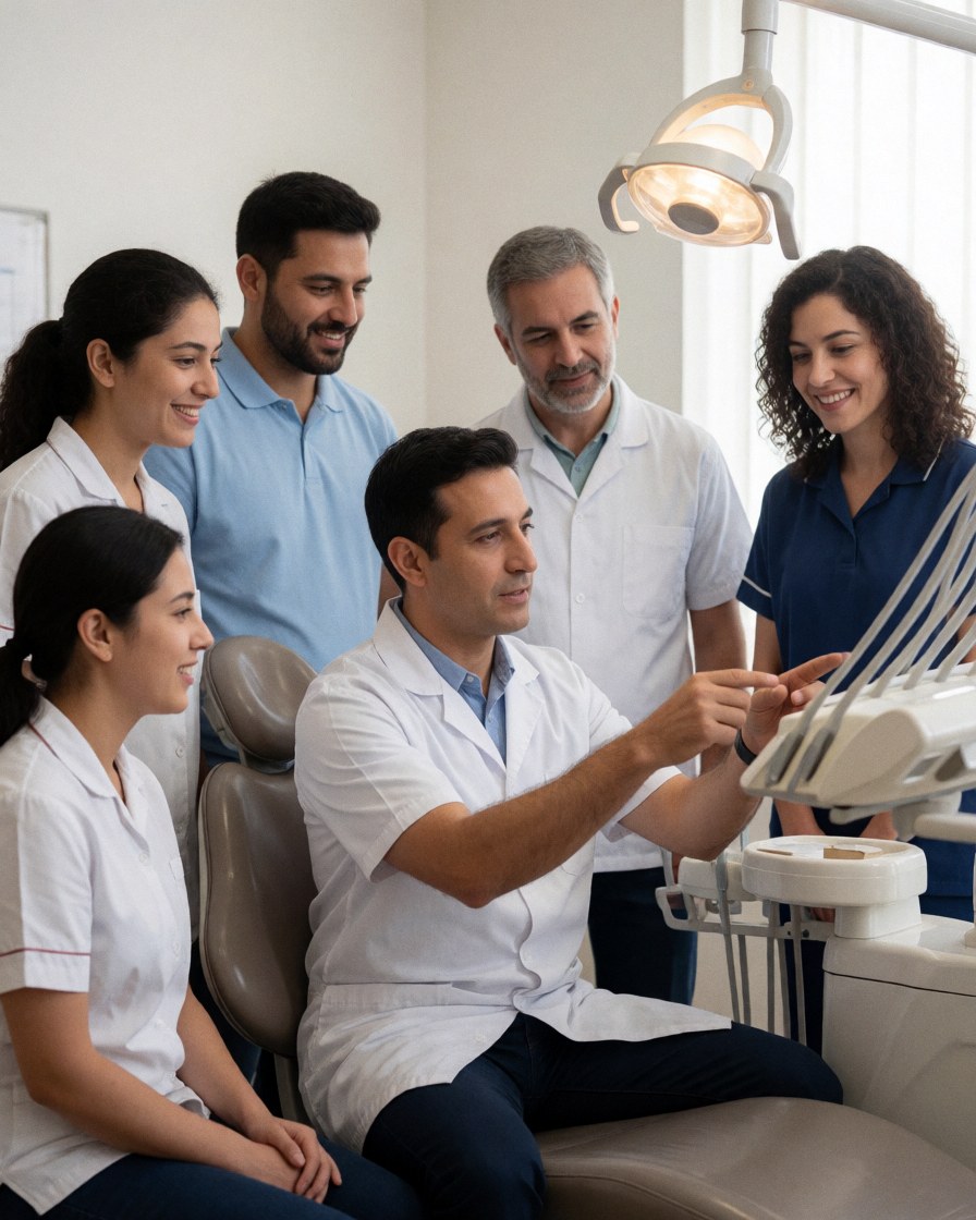 Un dentiste explique des équipements à son équipe en clinique, tous observant attentivement.