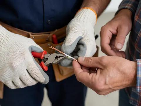 Un électricien portant des gants coupe un câble électrique à l'aide d'une pince tandis qu'une autre personne maintient le fil tendu.