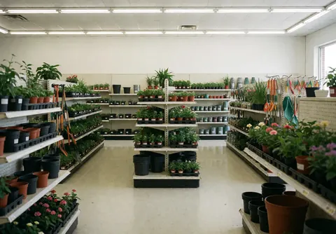 Vue intérieure d'une jardinerie montrant des étagères remplies de plantes en pots et divers outils suspendus au mur.