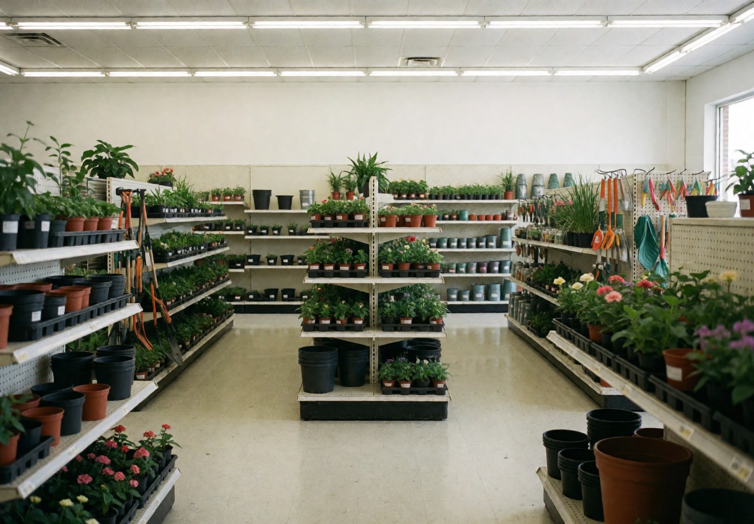 Vue intérieure d'une jardinerie montrant des étagères remplies de plantes en pots et divers outils suspendus au mur.