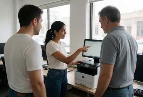 Une femme aide deux hommes avec une imprimante multifonction dans un espace de coworking.