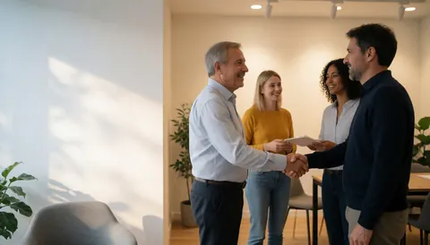 Un agent d'assurance et un client signent un contrat pendant que deux autres personnes observent dans un bureau moderne.