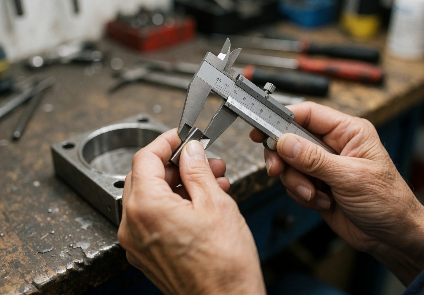 Gros plan d'une main tenant un pied à coulisse pour mesurer avec précision une pièce métallique dans un atelier de fabrication industrielle.