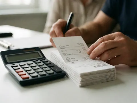 Un homme d'affaires examine attentivement des documents financiers et utilise une calculatrice sur un bureau de travail.
