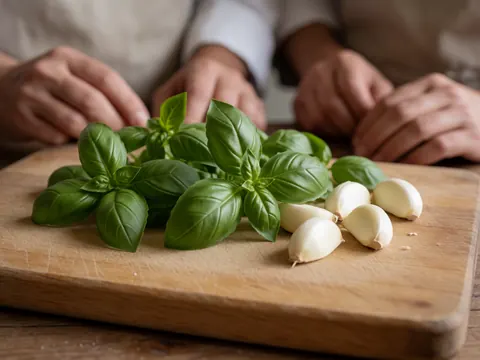 Mains préparant des herbes fraîches et de l'ail sur une planche à découper en bois pour la cuisine professionnelle.