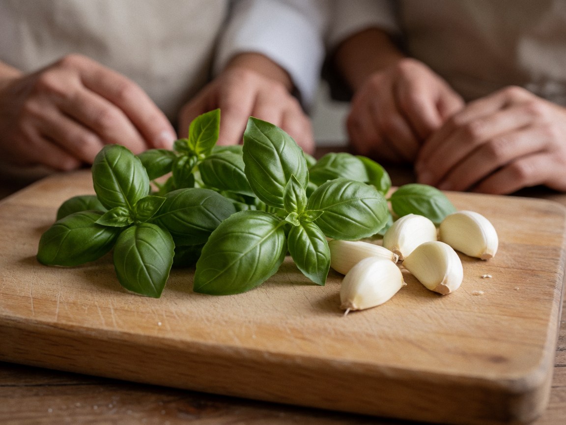 Mains préparant des herbes fraîches et de l'ail sur une planche à découper en bois pour la cuisine professionnelle.