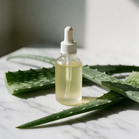 Un flacon de sérum facial biologique à l'aloe vera posé sur une table en marbre blanc entouré de feuilles fraîches d'aloe vera.