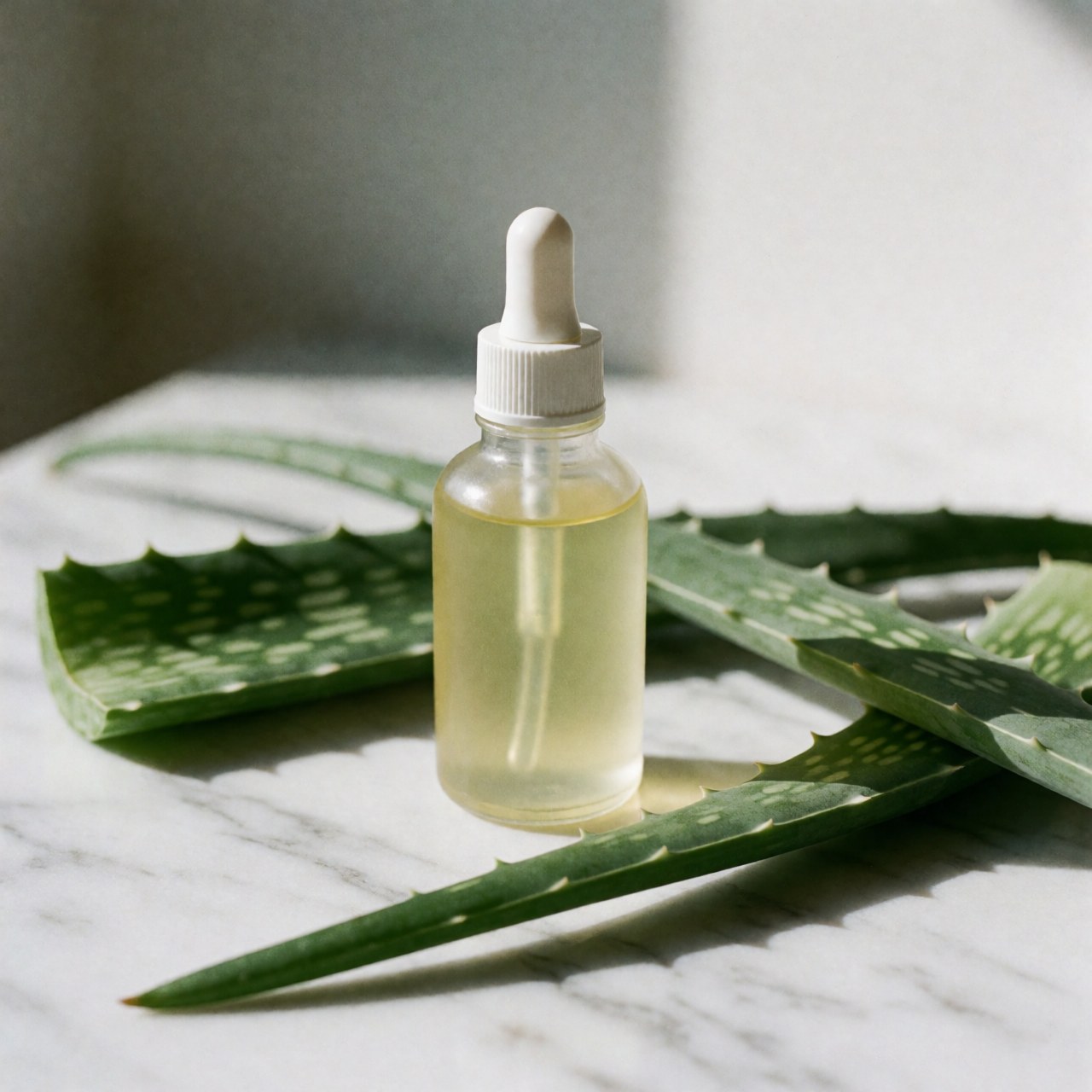 Un flacon de sérum facial biologique à l'aloe vera posé sur une table en marbre blanc entouré de feuilles fraîches d'aloe vera.