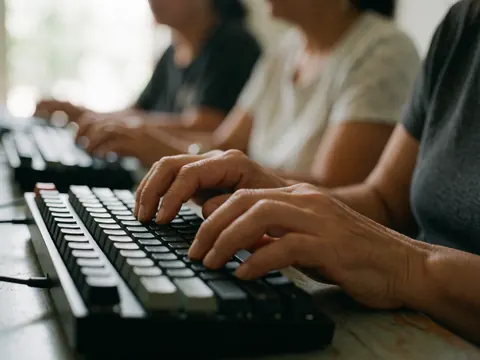 Gros plan des mains d'un adulte travaillant sur un clavier mécanique posé sur une table en bois.
