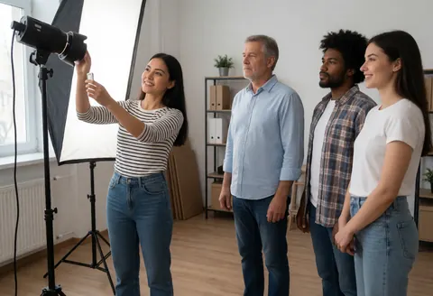 Une photographe professionnelle règle un équipement d'éclairage dans un studio pendant que plusieurs modèles posent debout.
