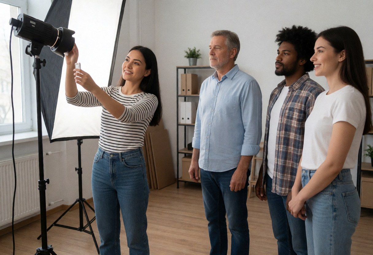 Une photographe professionnelle règle un équipement d'éclairage dans un studio pendant que plusieurs modèles posent debout.