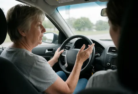 Une femme adulte enseignant la conduite à un étudiant dans une voiture, les mains sur le volant en train de parler.