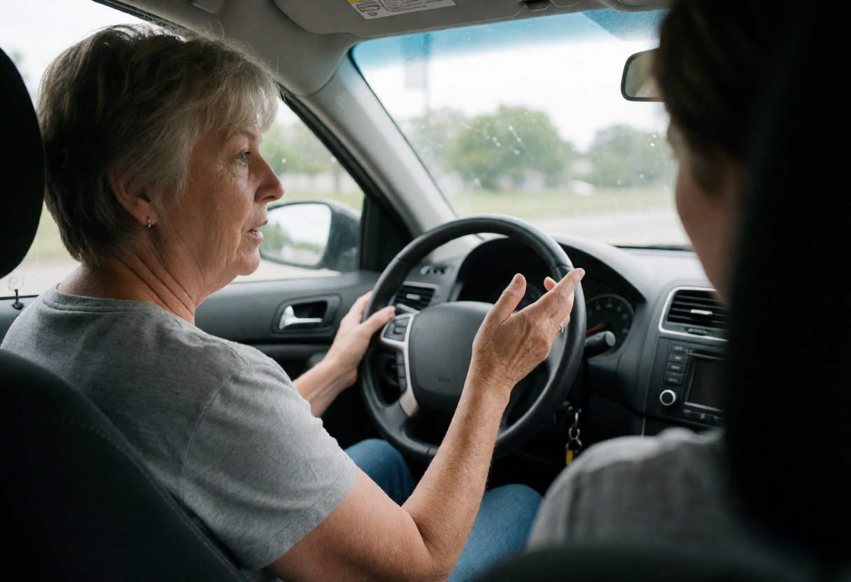 Une femme adulte enseignant la conduite à un étudiant dans une voiture, les mains sur le volant en train de parler.