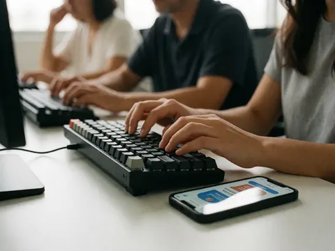 Gros plan sur des mains utilisant un clavier mécanique noir pour programmer du code dans un environnement de bureau moderne.