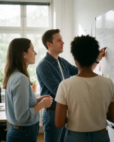 Trois personnes lors d'une réunion professionnelle devant un tableau blanc avec des annotations.
