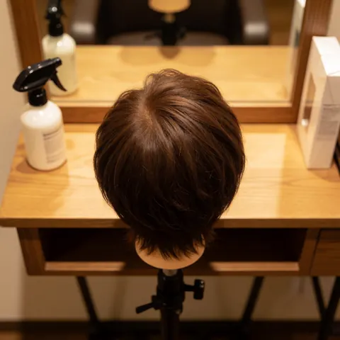 Tête de mannequin aux cheveux bruns coiffée sur une table avec des produits de soins capillaires dans un salon.